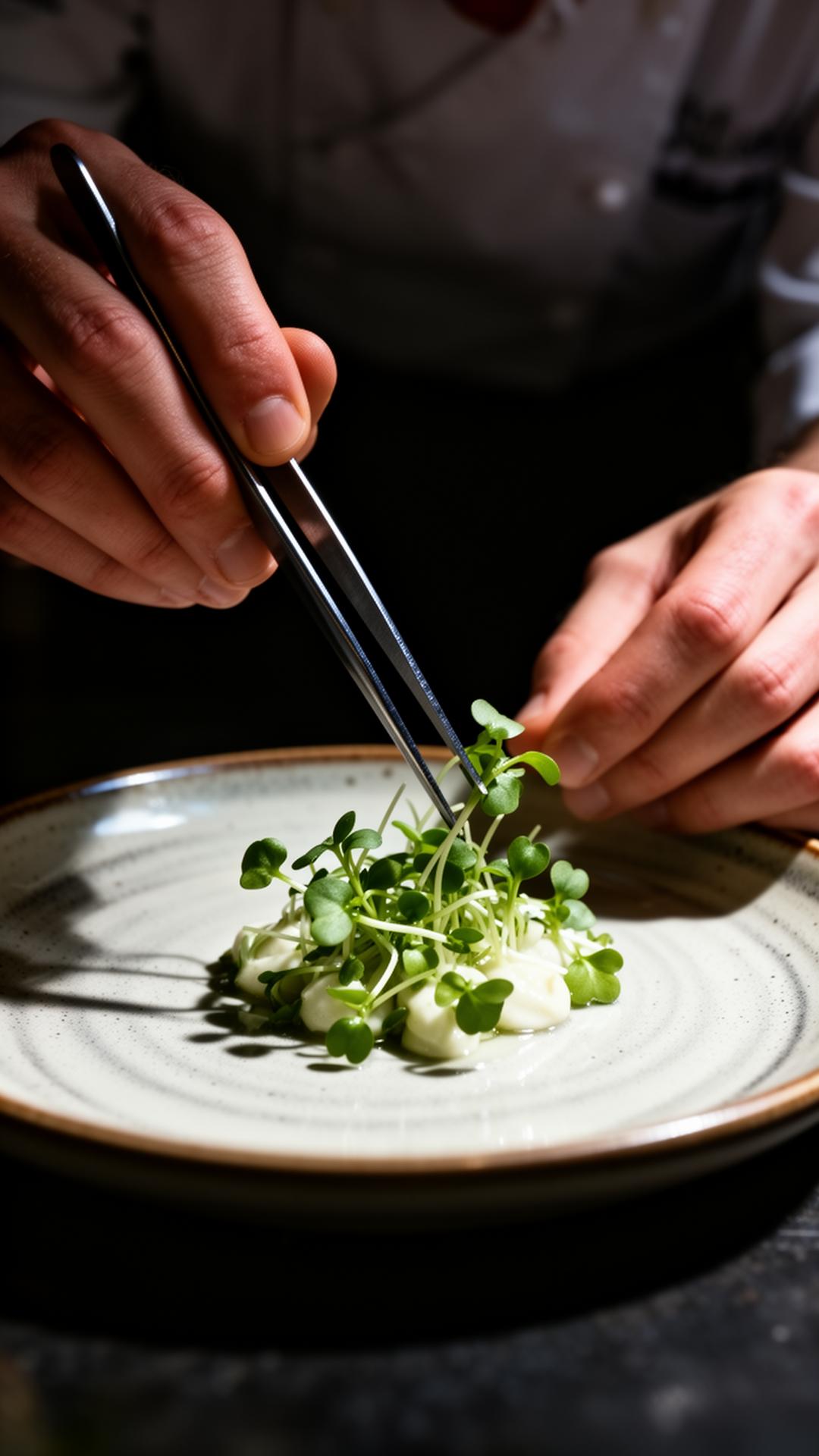 Chef Kathryn plating micro greens with tweezers on a ceramic plate