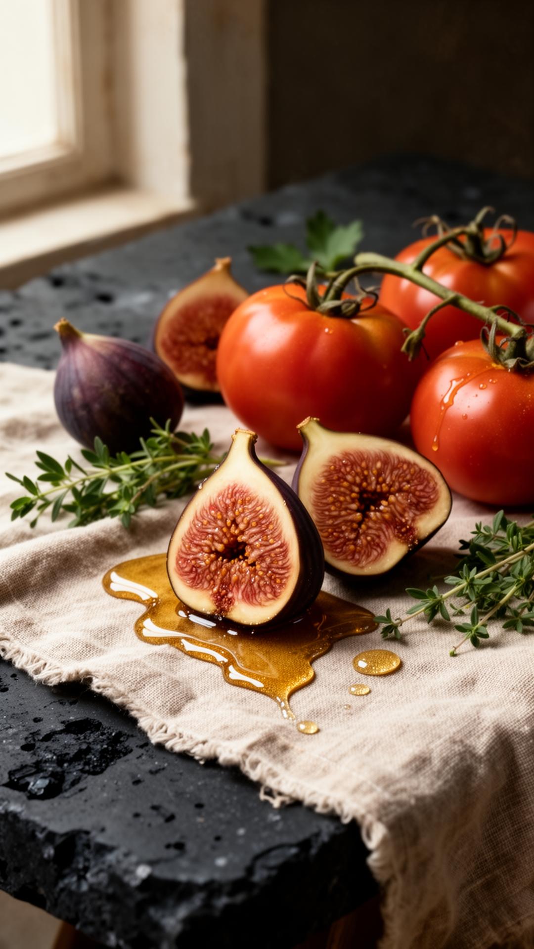Heirloom tomatoes, figs, and fresh herbs with raw honey on charcoal stone